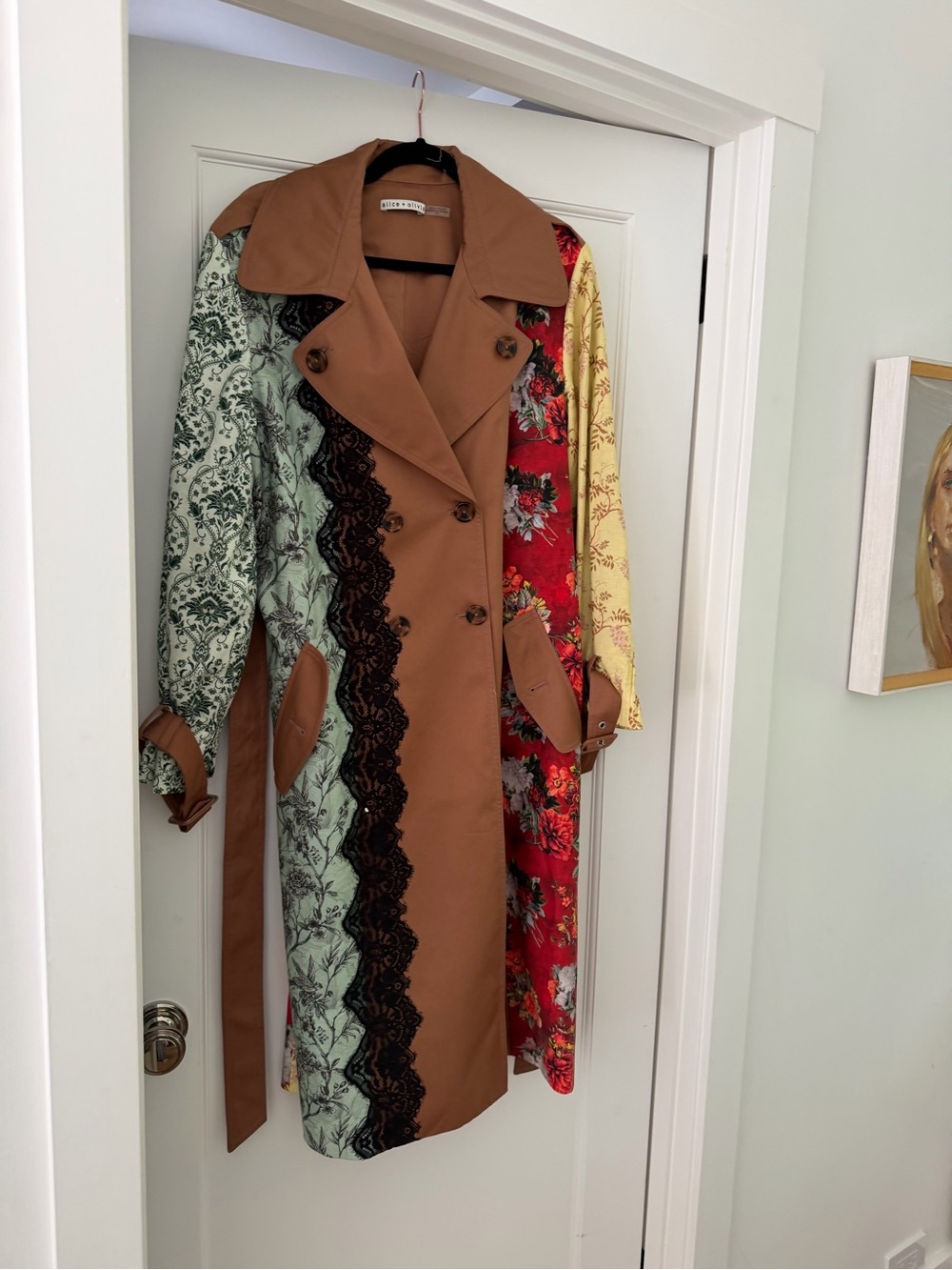 Alice + Olivia Brown Patchwork Floral Trench Coat with Red and Yellow Panels - Picture 6 of 9